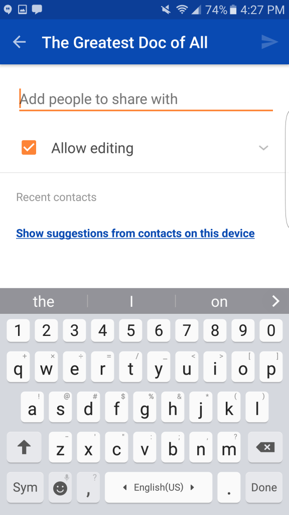 Screenshot of sharing a file via the OneDrive app on Android