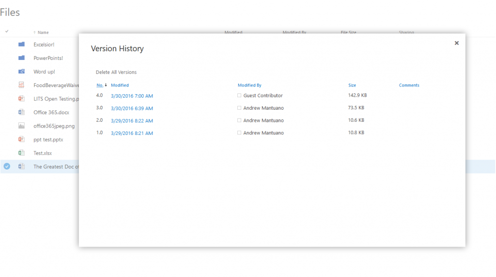 screenshot of restoring a previous version of a file in OneDrive for Business