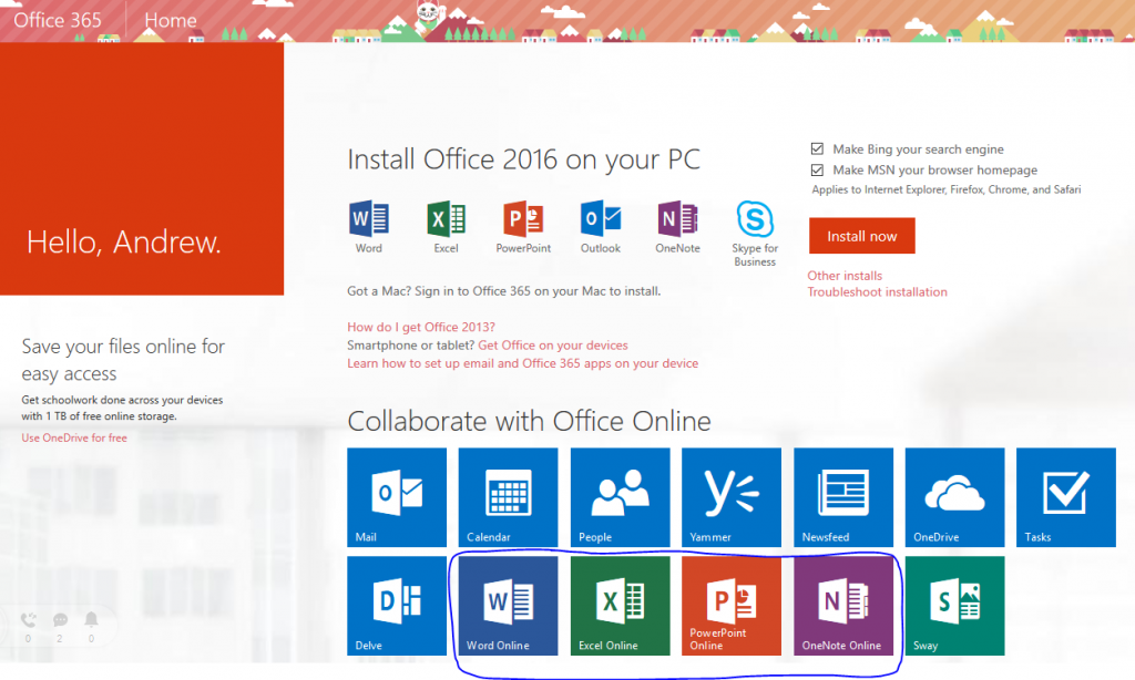 Office 365 home page