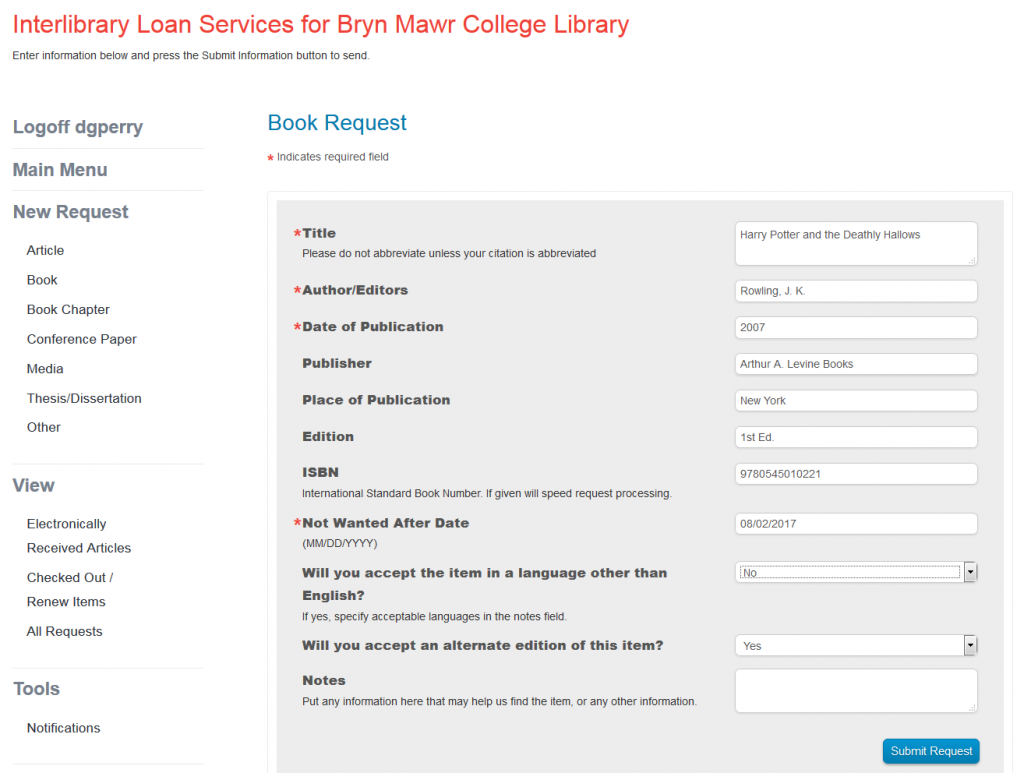 Screen shot of new ILL request form