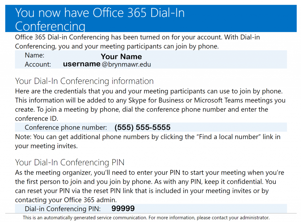 2 of 2 screenshots of the Office 365 Dial-In Conferencing welcome email