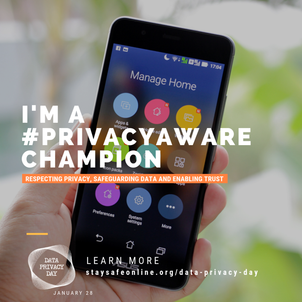 picture of a phone screen with the words I'm a #privacyaware Champion